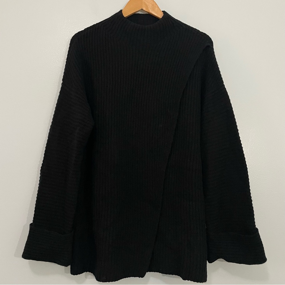 Athleta Black Merino Wool Cashmere Cowl Neck Split Front Sweater Oversized M - Picture 5 of 16